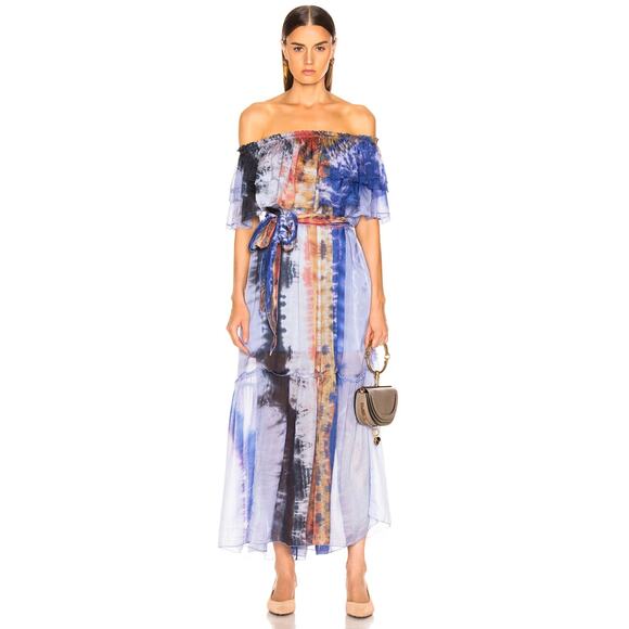 Raquel Allegra Waterfall Tie Dye Silk Ruffle Maxi Dress 0 Blue NEW - Picture 1 of 13